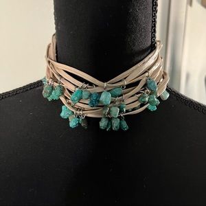 Y2K vintage Leather And Beaded Turquoise Adjustable Choker Necklace